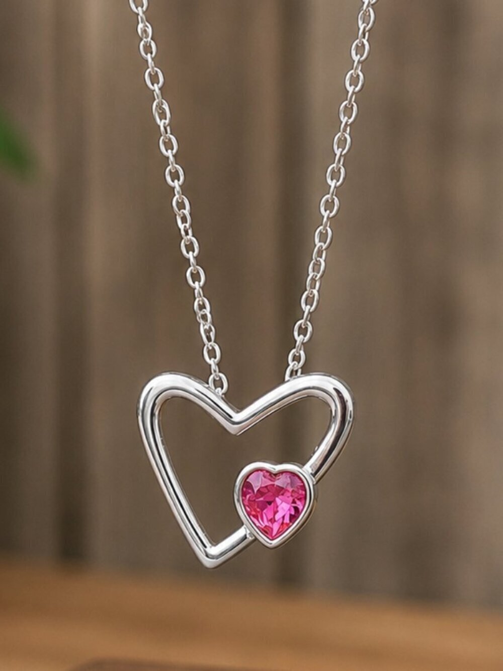 Silver Heart Necklace Pink Crystal Pendant